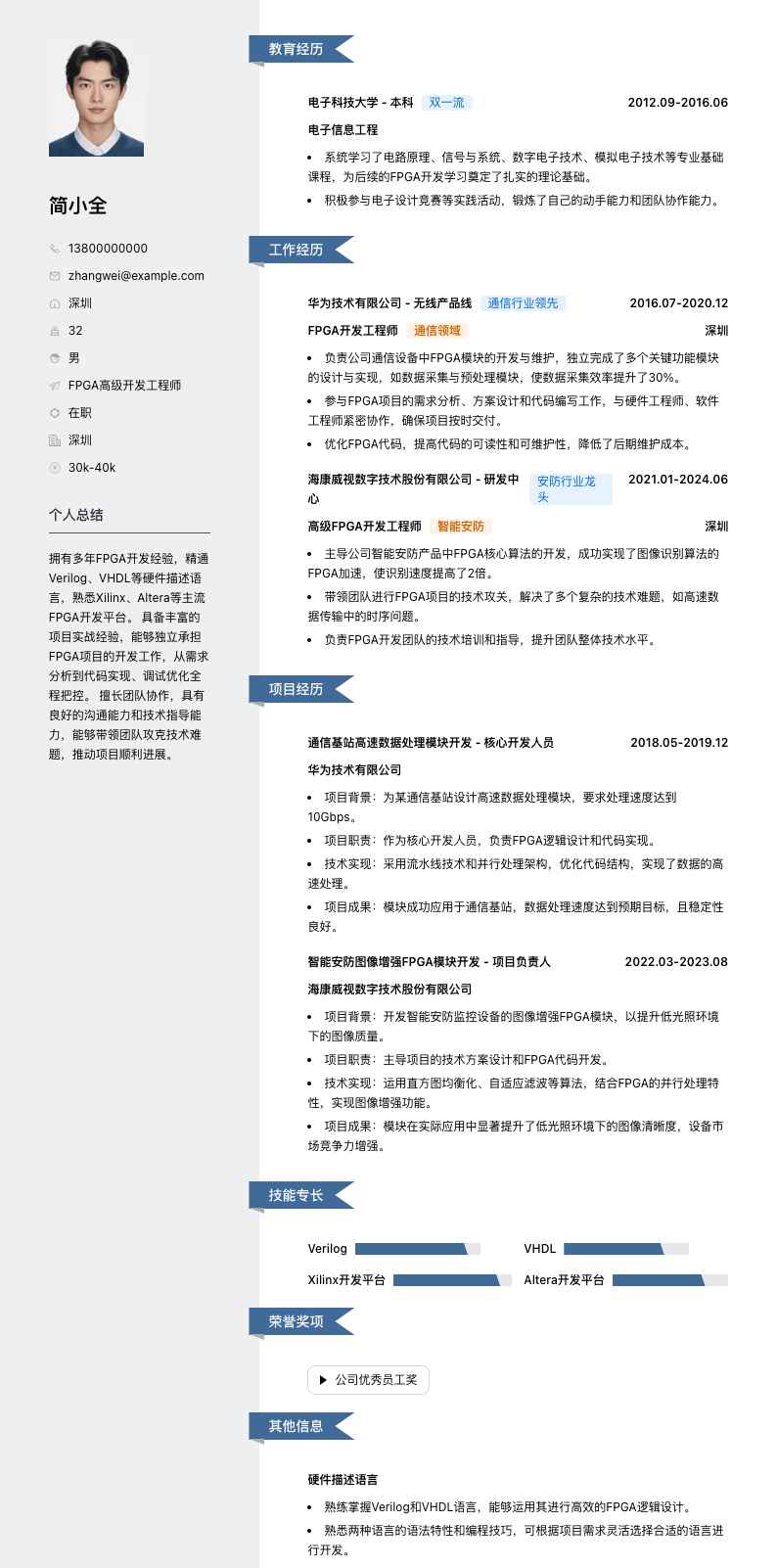 fpga高级开发工程师简历模板