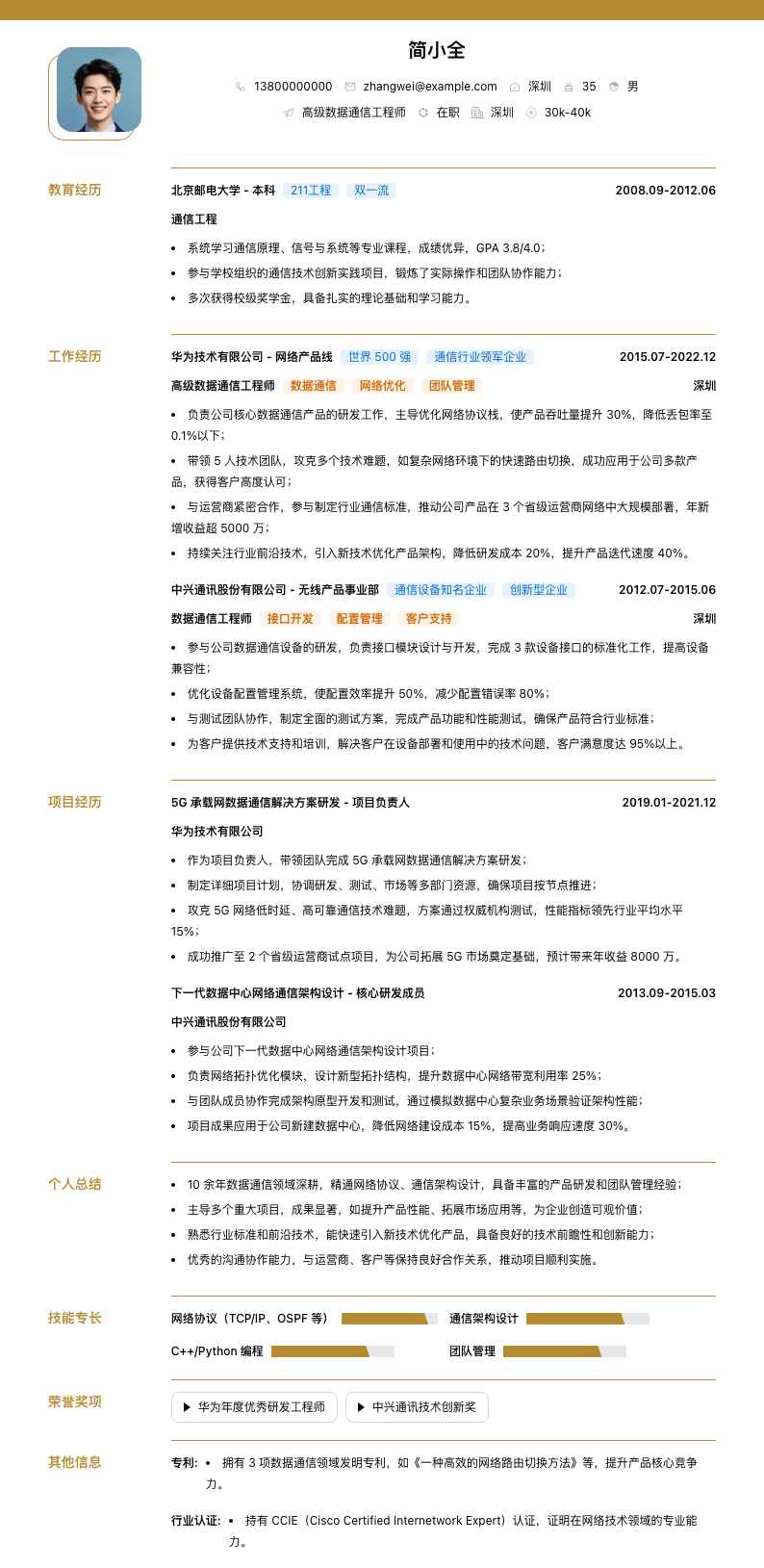 高级数据通信工程师简历模板