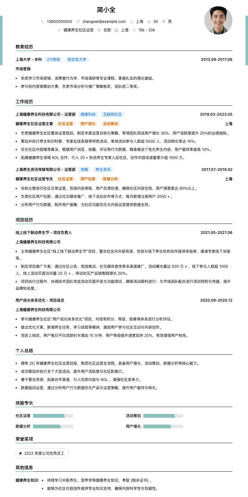 健康养生社区运营简历模板