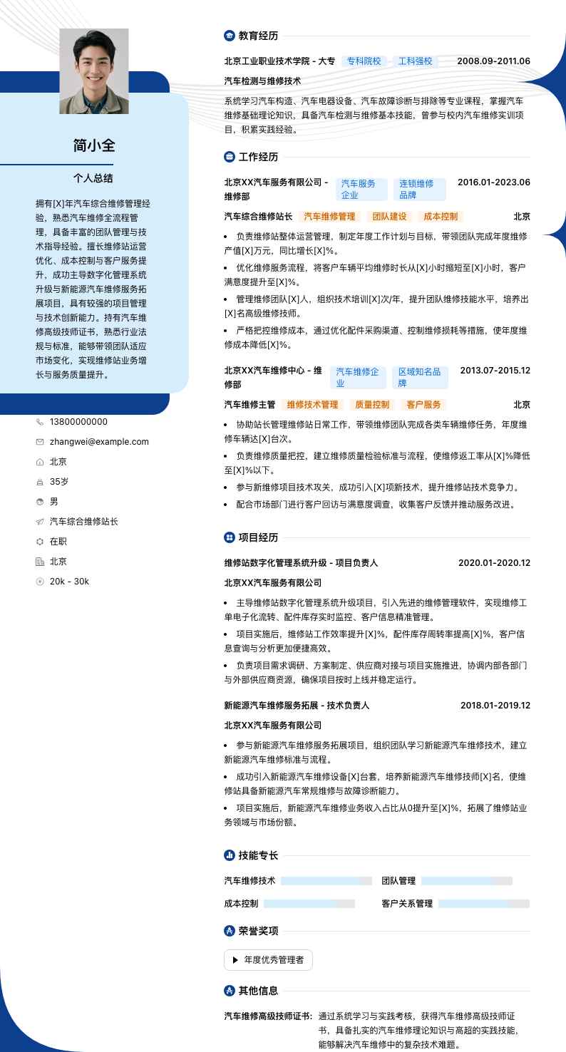 汽车综合维修站长简历模板