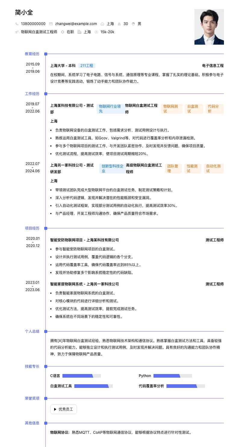 物联网白盒测试工程师简历模板
