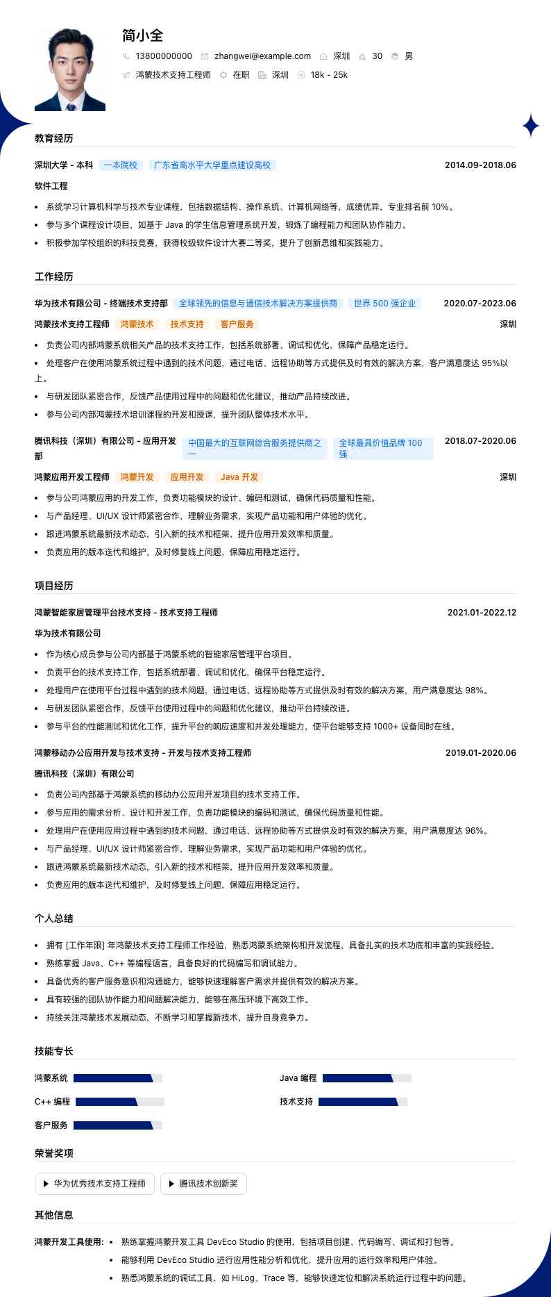 鸿蒙技术支持工程师简历模板