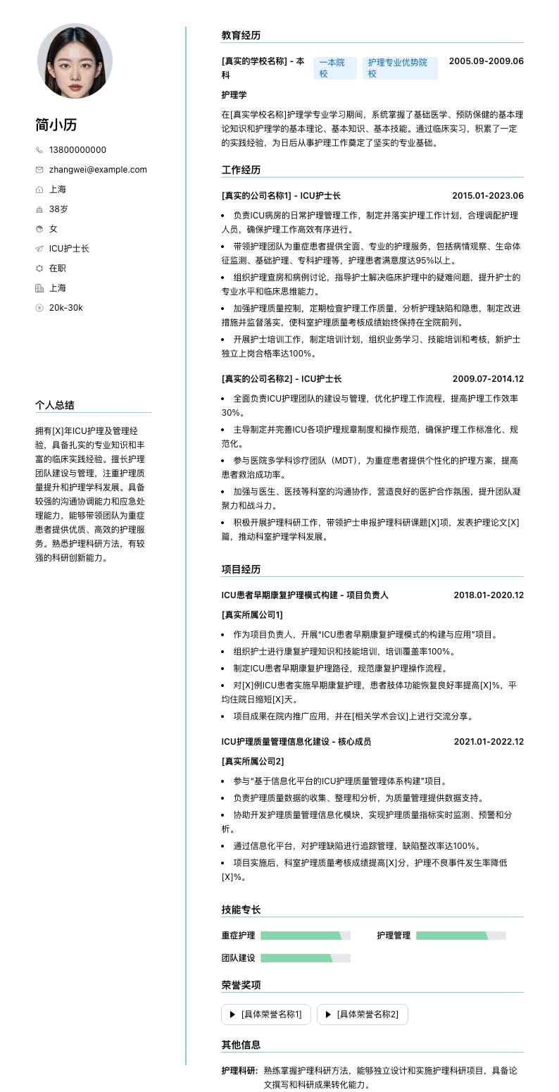 ICU护士长简历模板
