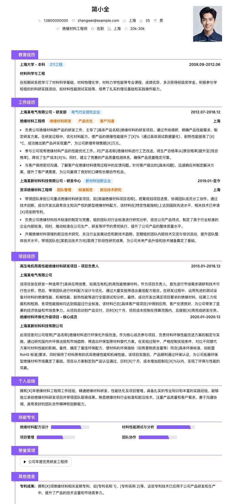 绝缘材料工程师简历模板