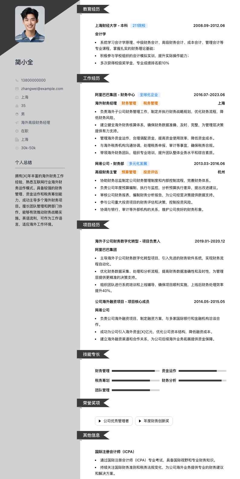 海外高级财务经理简历模板