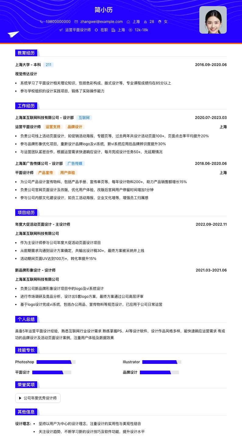 运营平面设计师简历模板