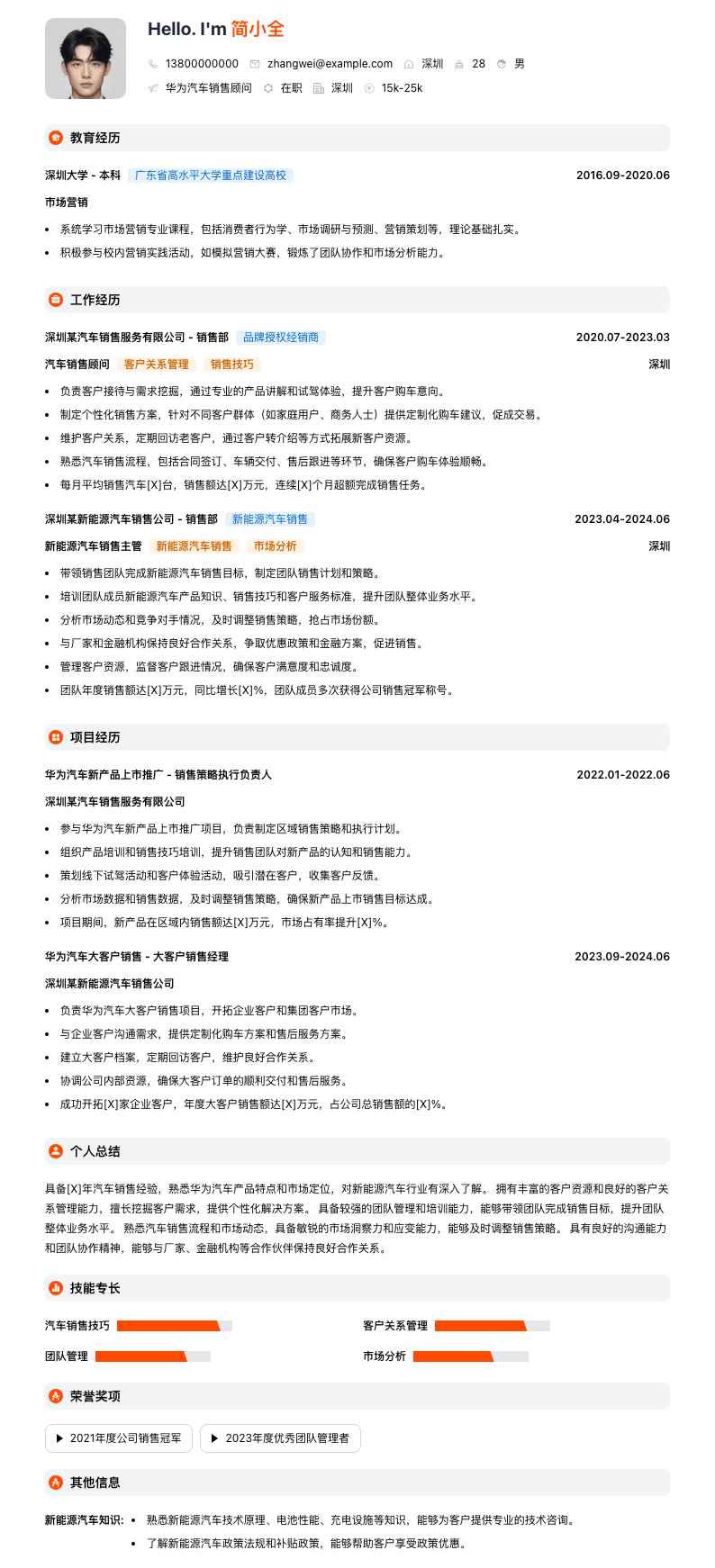 华为汽车销售顾问简历模板