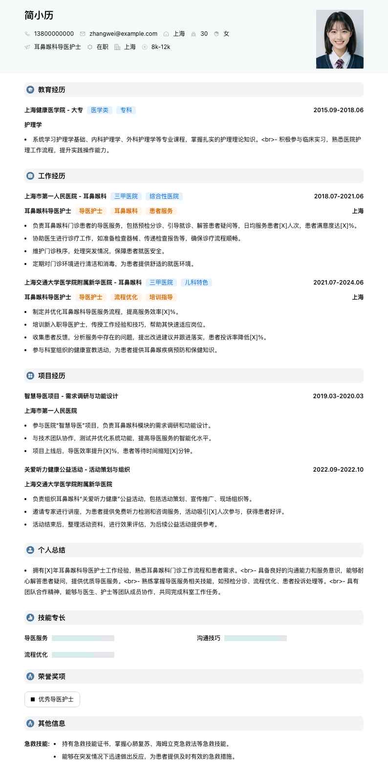 耳鼻喉科导医护士简历模板