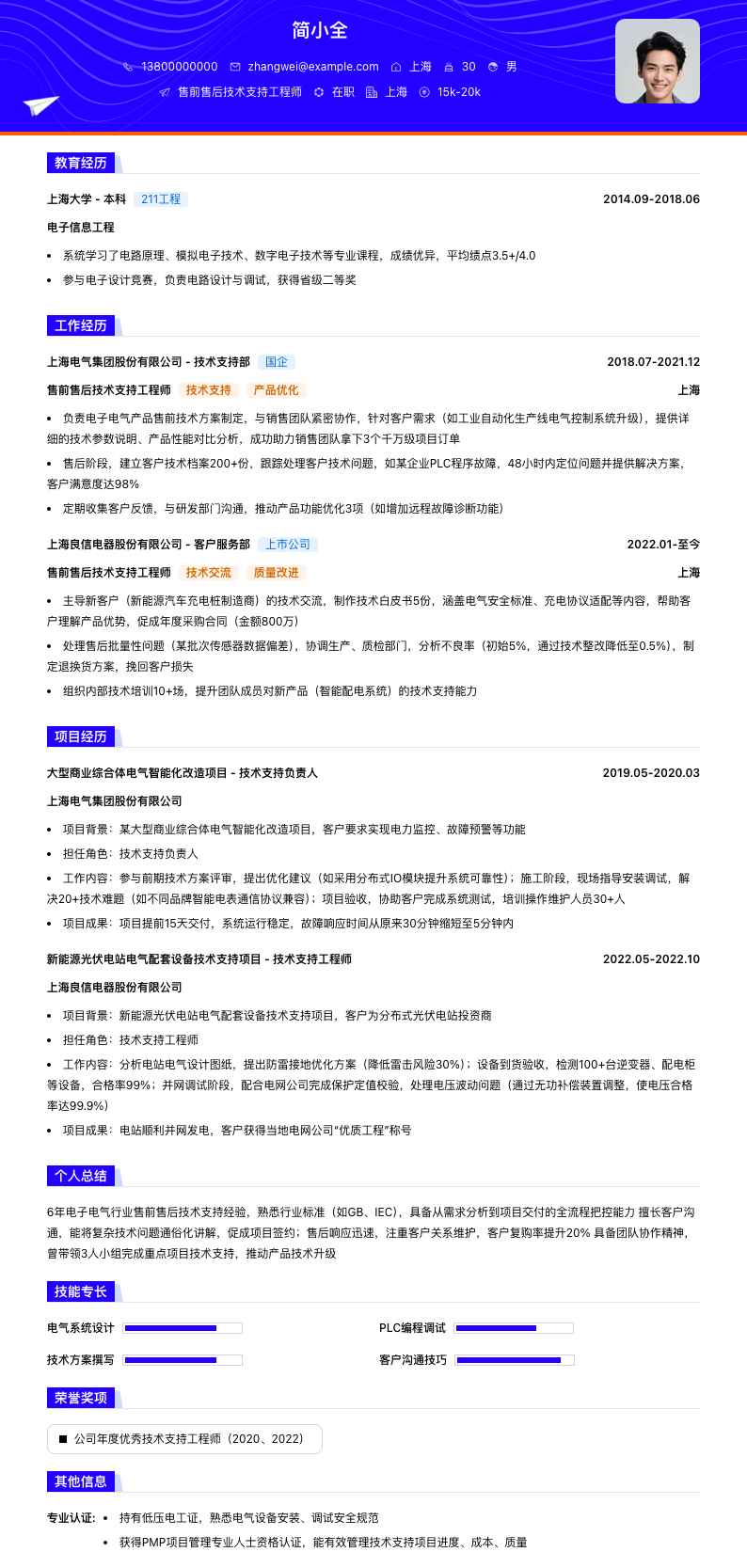 售前售后技术支持工程师简历模板