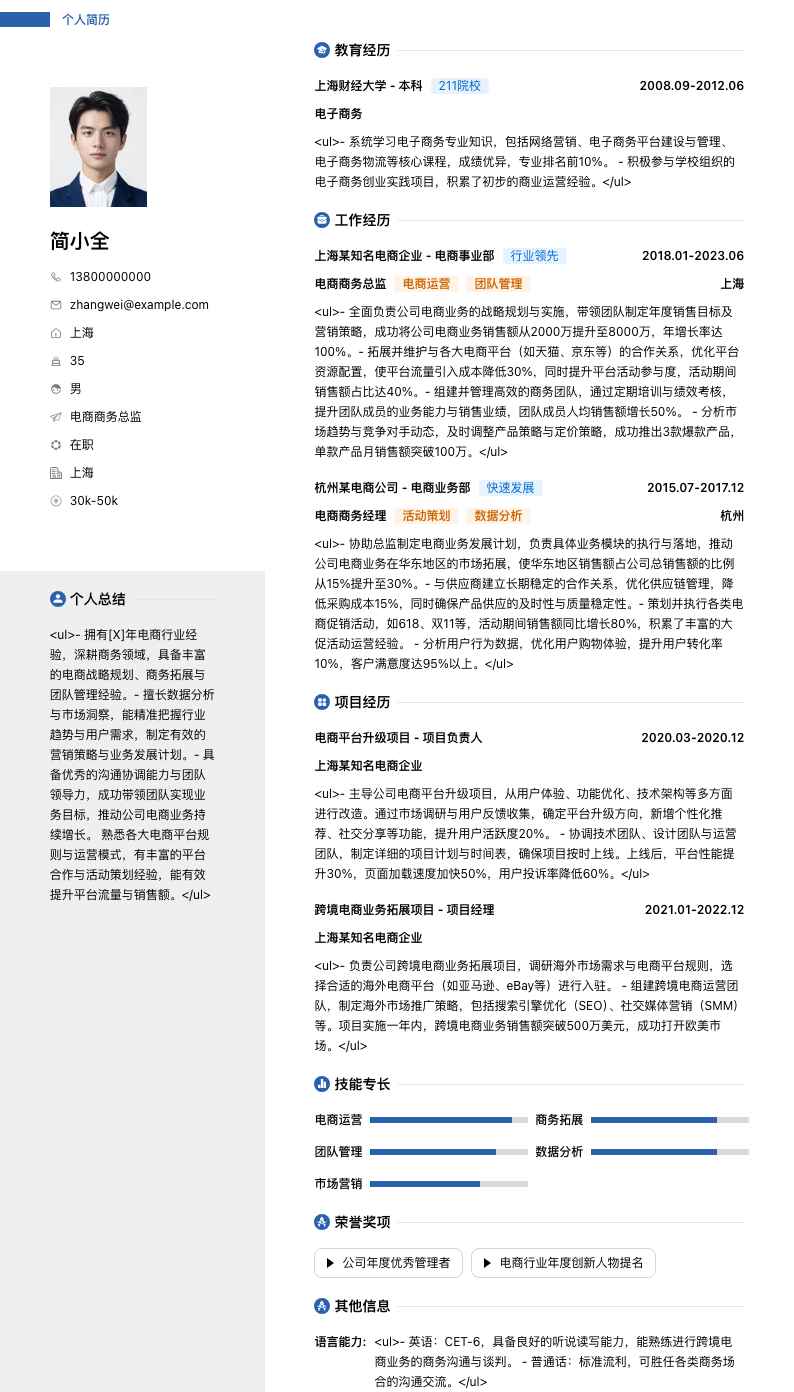 电商商务总监简历模板