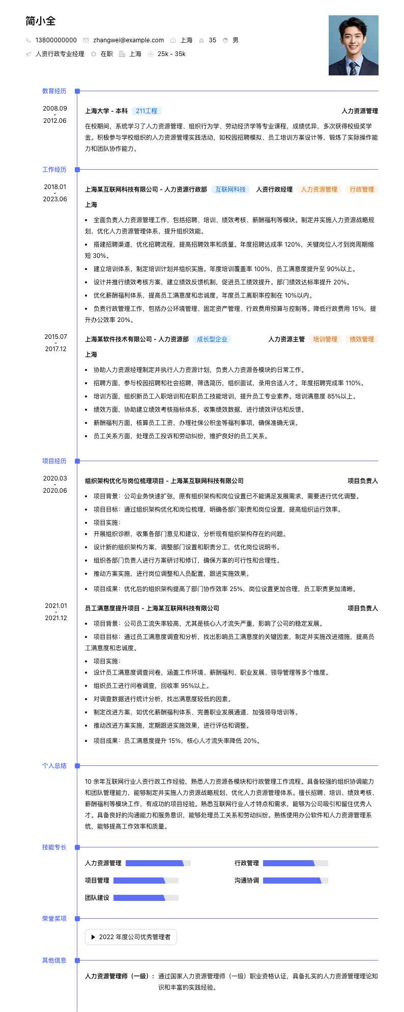 人资行政专业经理简历模板