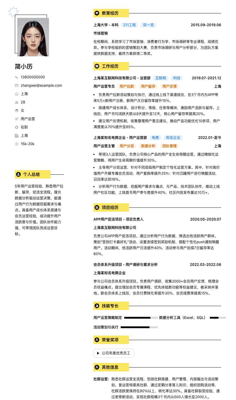 用户运营简历模板