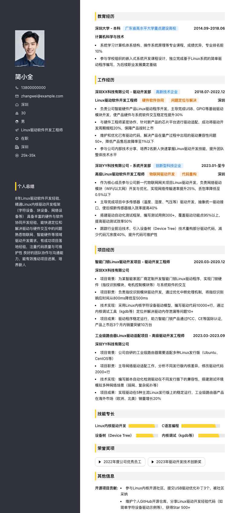 linux驱动软件开发工程师简历模板