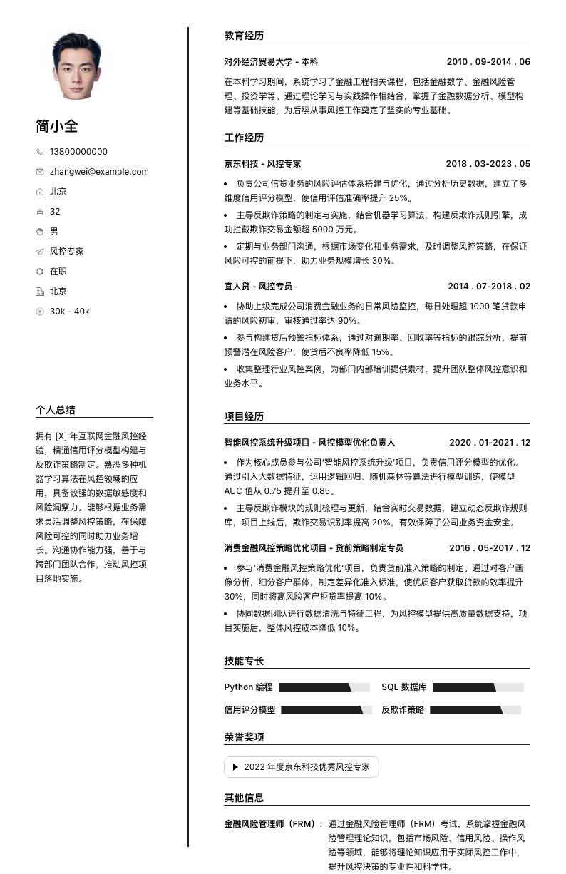 风控专家简历模板