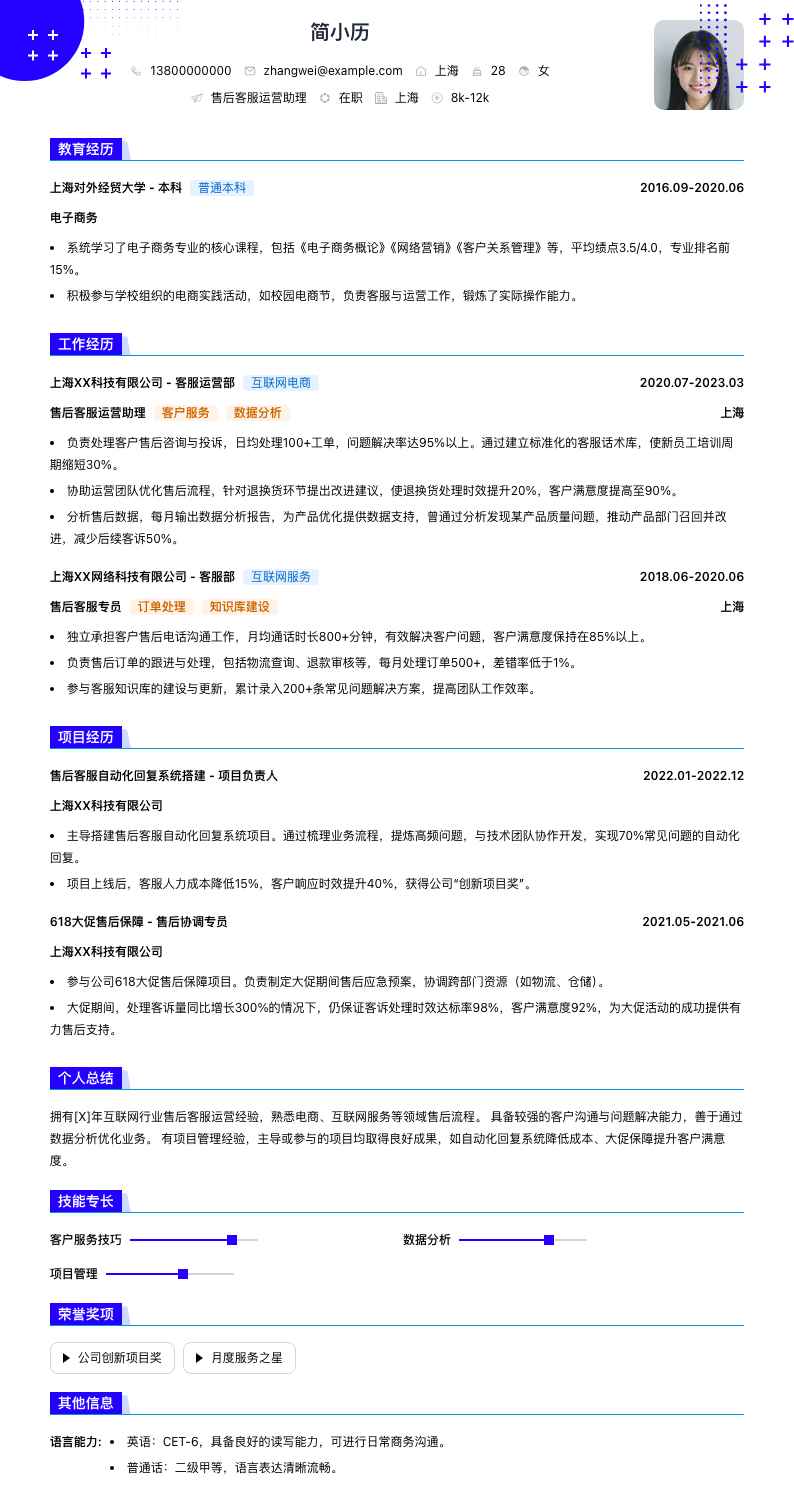 售后客服运营助理简历模板