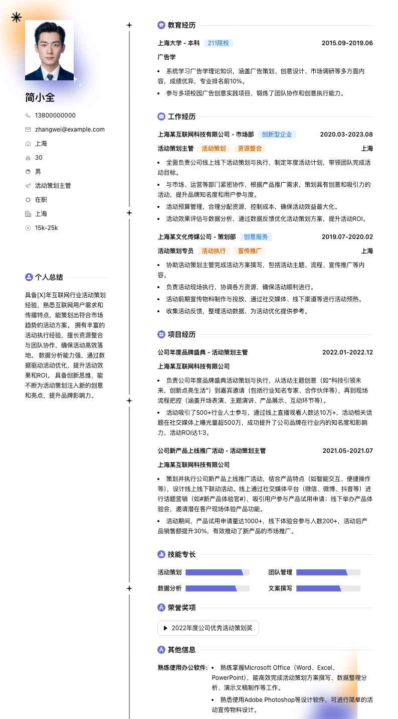 活动策划主管简历模板