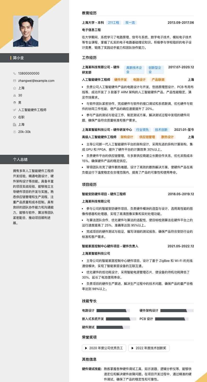 人工智能硬件工程师简历模板