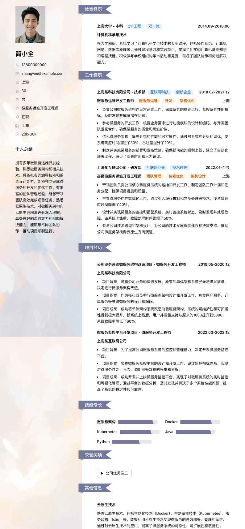 微服务运维开发工程师简历模板