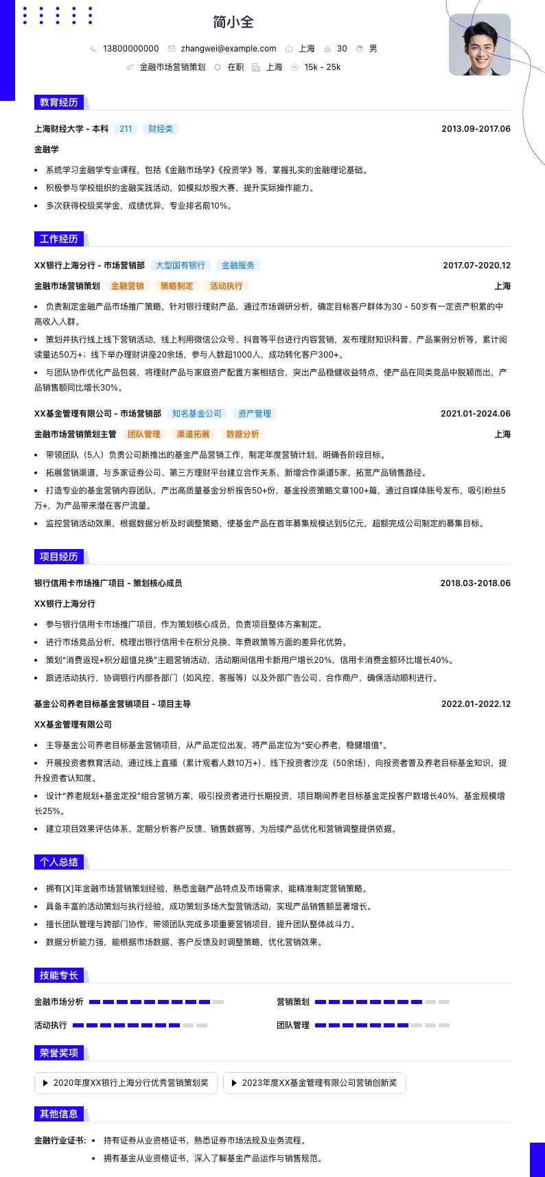 金融市场营销策划简历模板