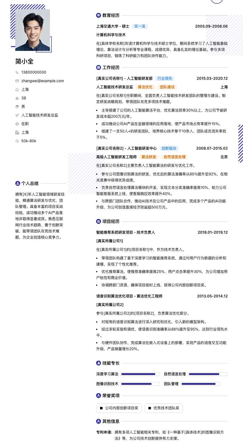 人工智能技术研发总监简历模板