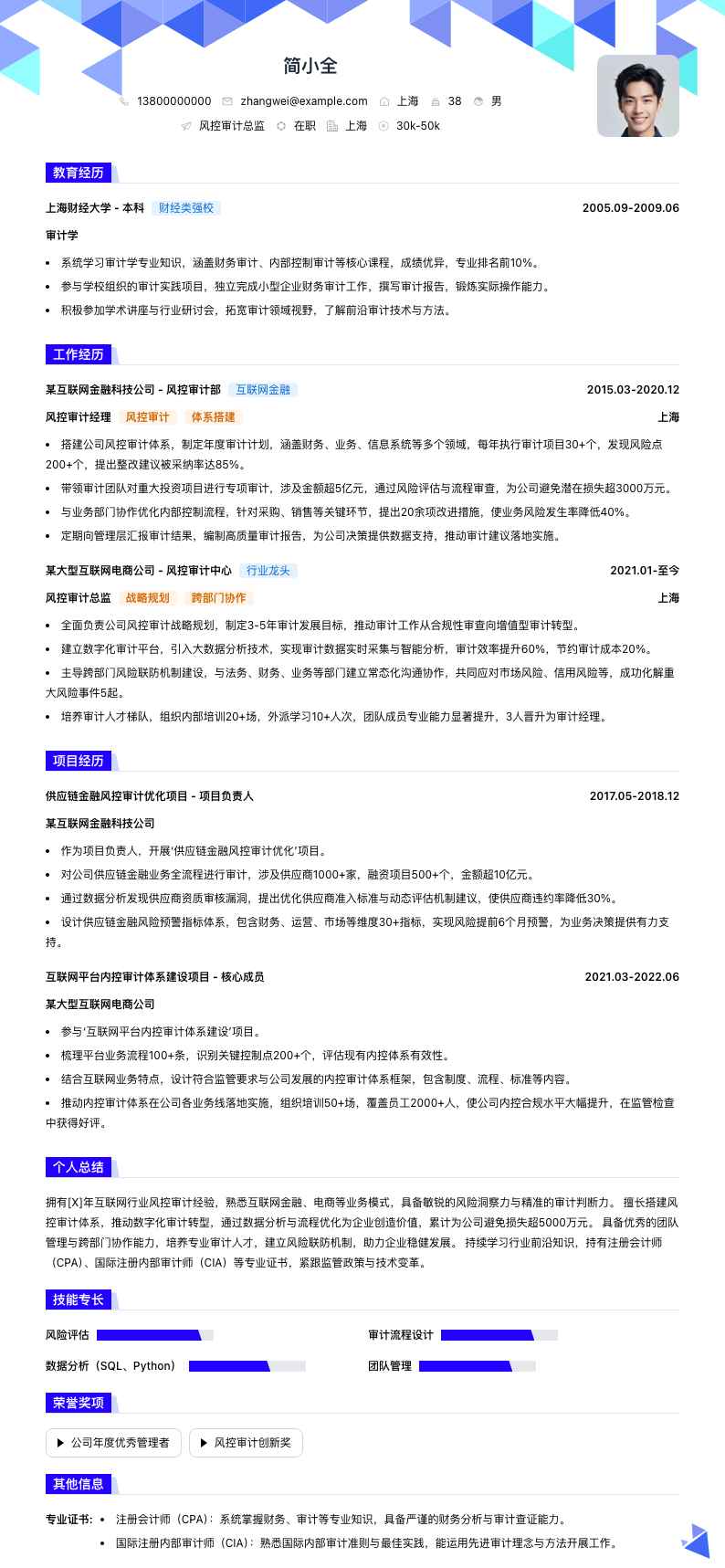 风控审计总监简历模板