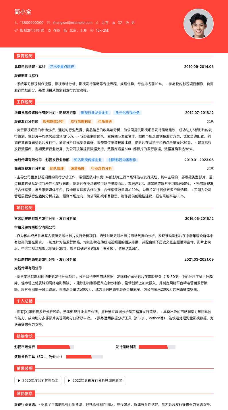 影视发行分析简历模板