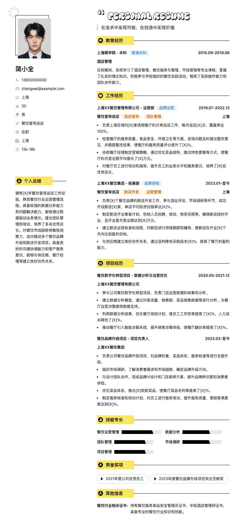 餐饮督导巡店简历模板