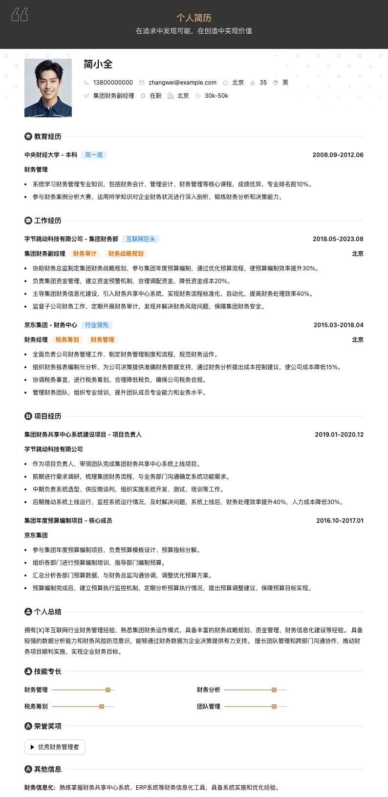 集团财务副经理简历模板