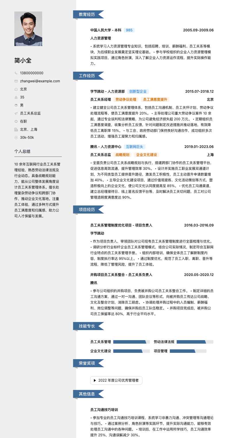 员工关系总监简历模板