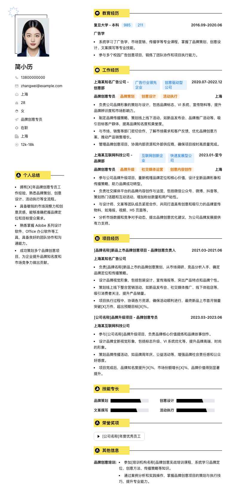 品牌创意专员简历模板