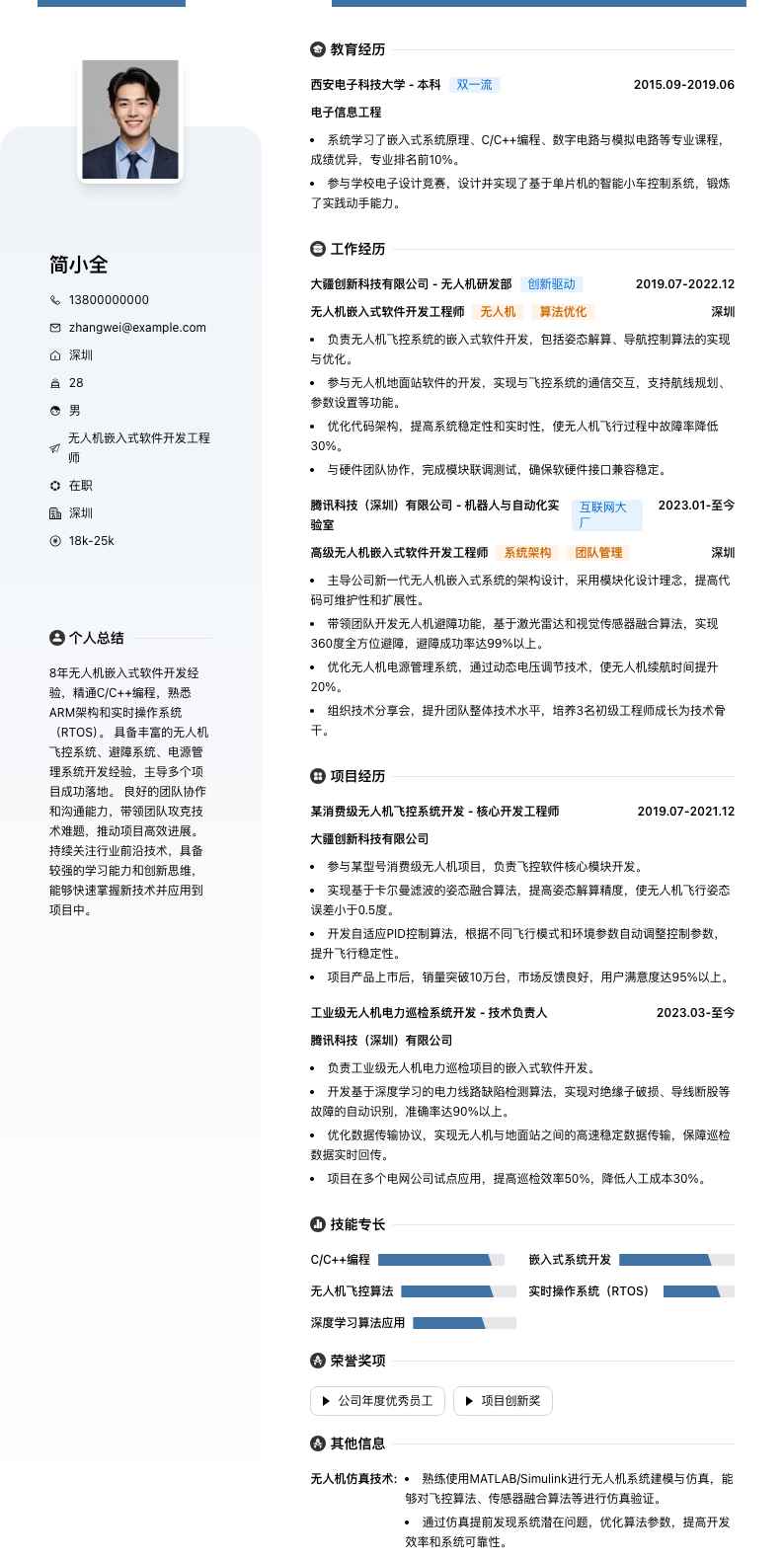 无人机嵌入式软件开发工程师简历模板