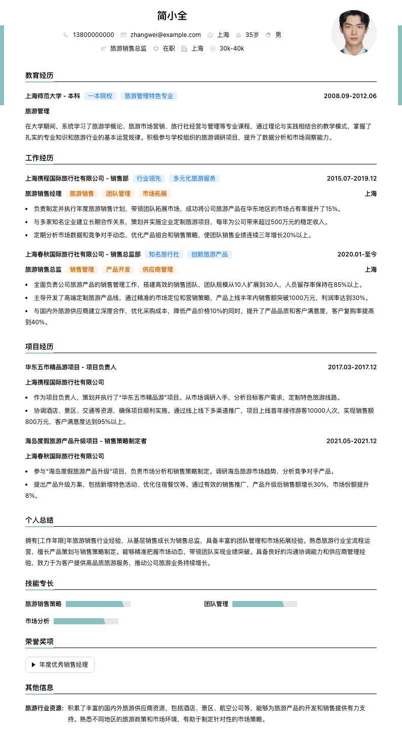 旅游销售总监简历模板