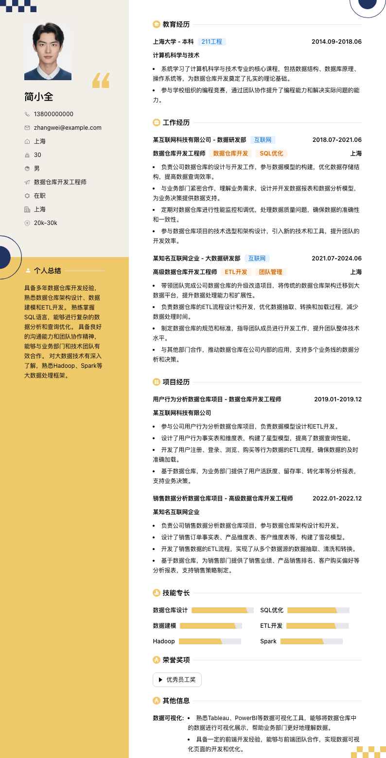 数据仓库开发工程师简历模板