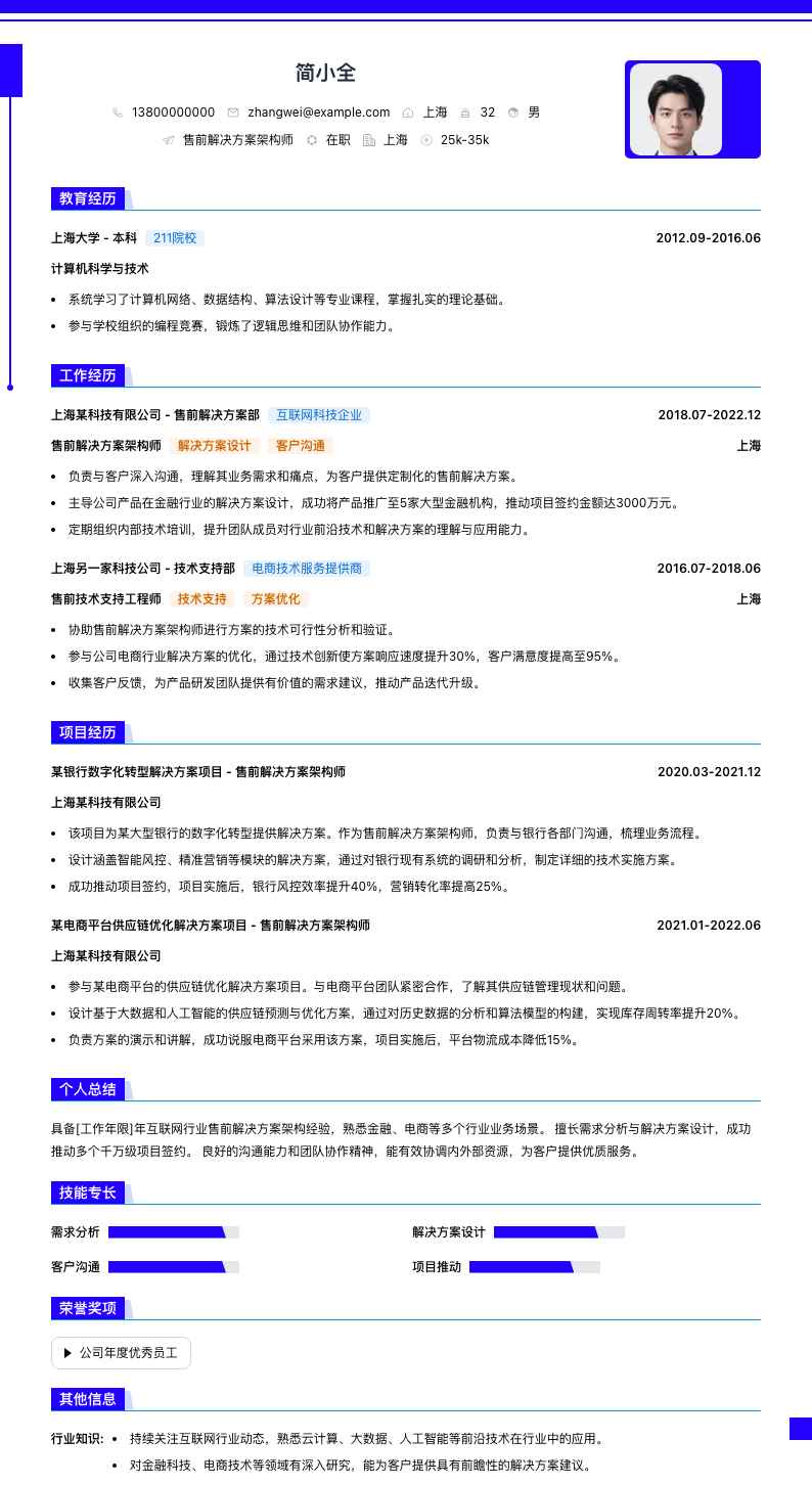 售前解决方案架构师简历模板