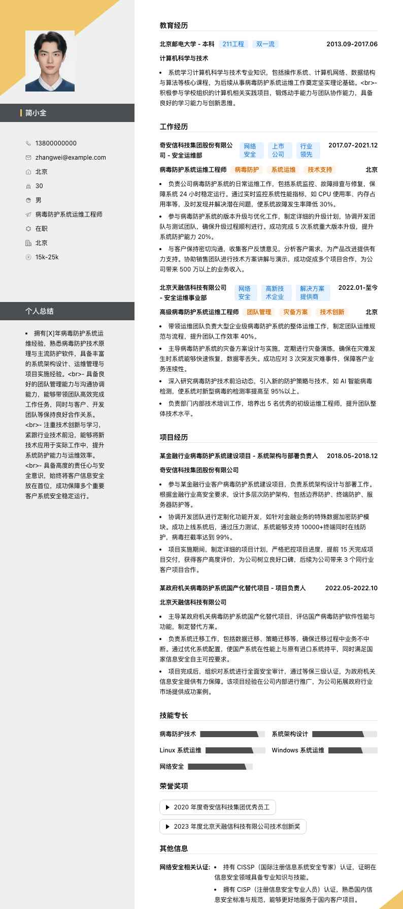 病毒防护系统运维工程师简历模板