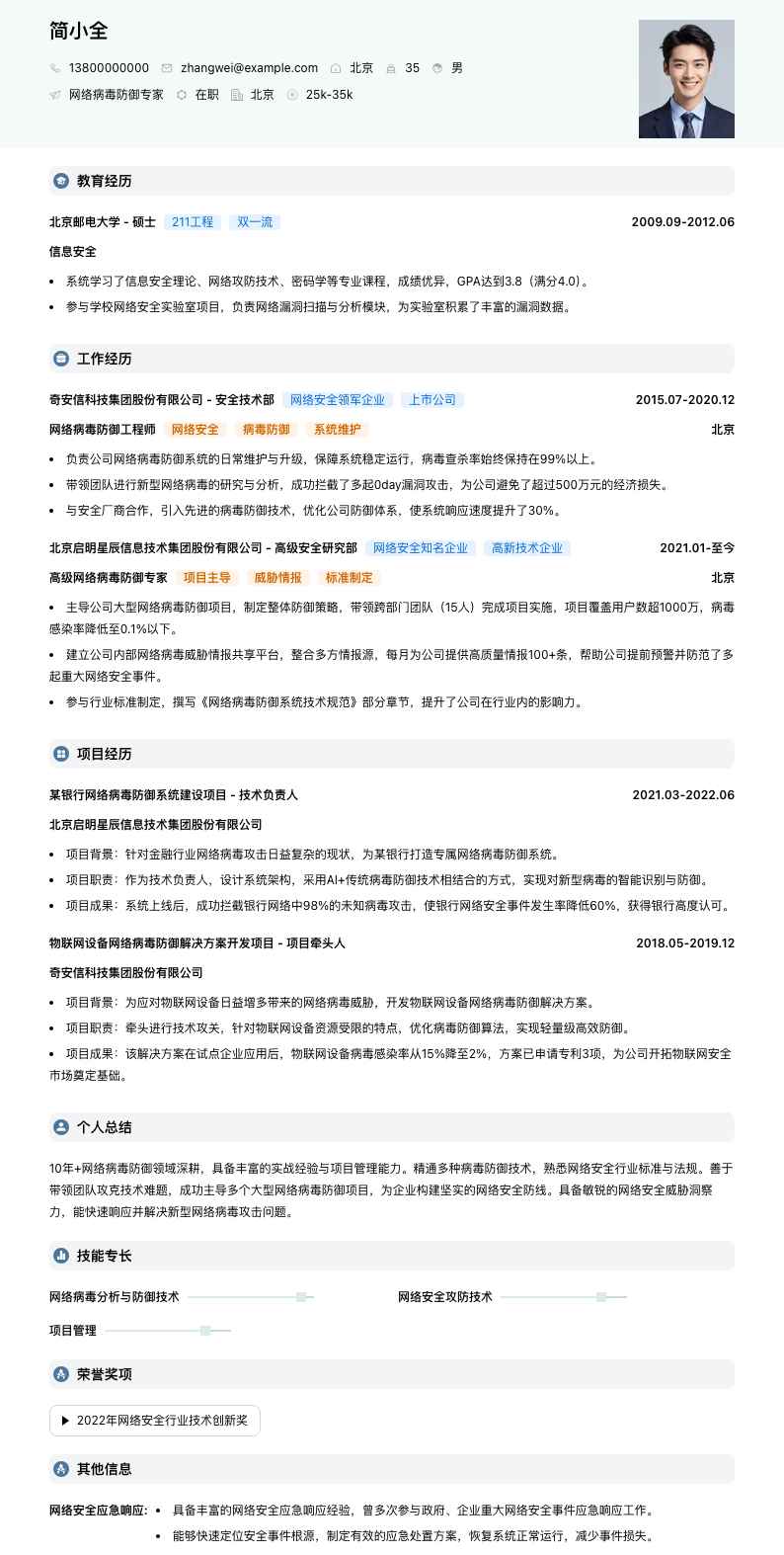 网络病毒防御专家简历模板