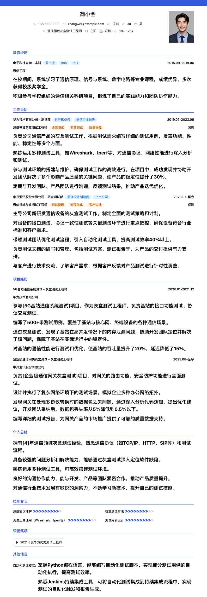 通信领域灰盒测试工程师简历模板
