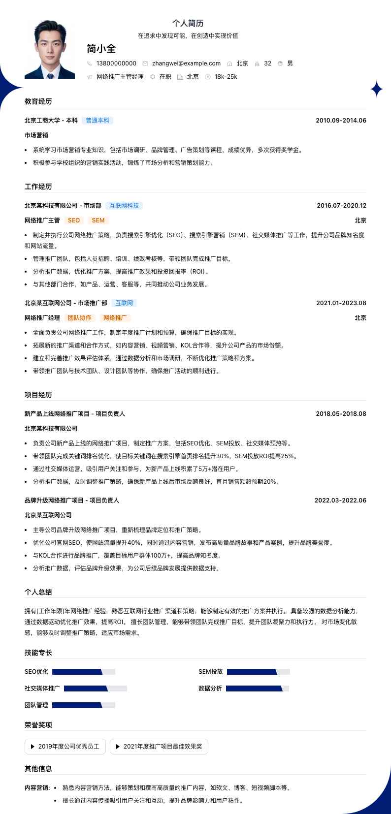 网络推广主管经理简历模板