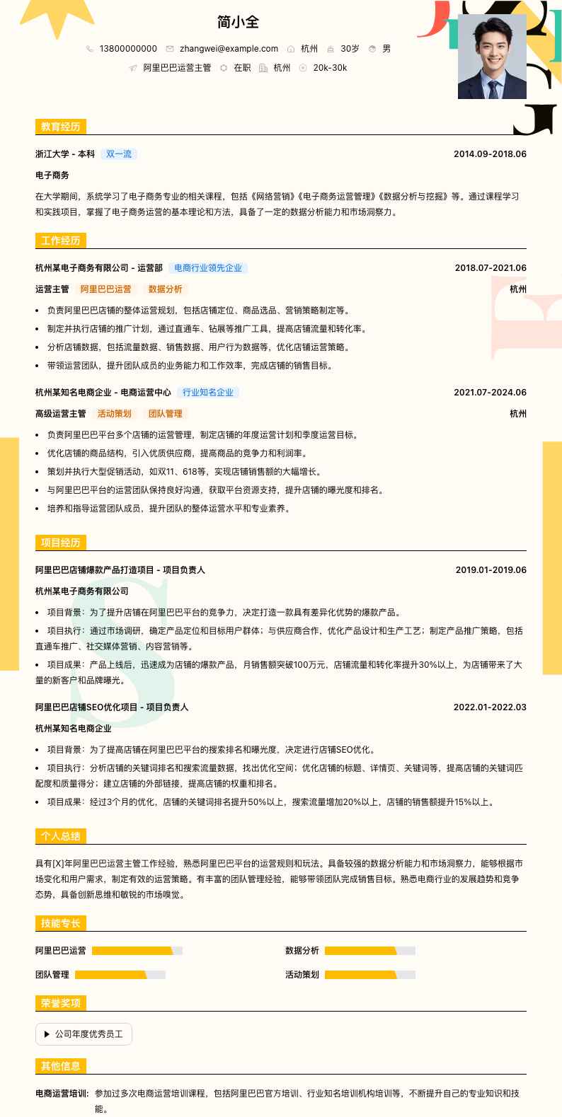 阿里巴巴运营主管简历模板