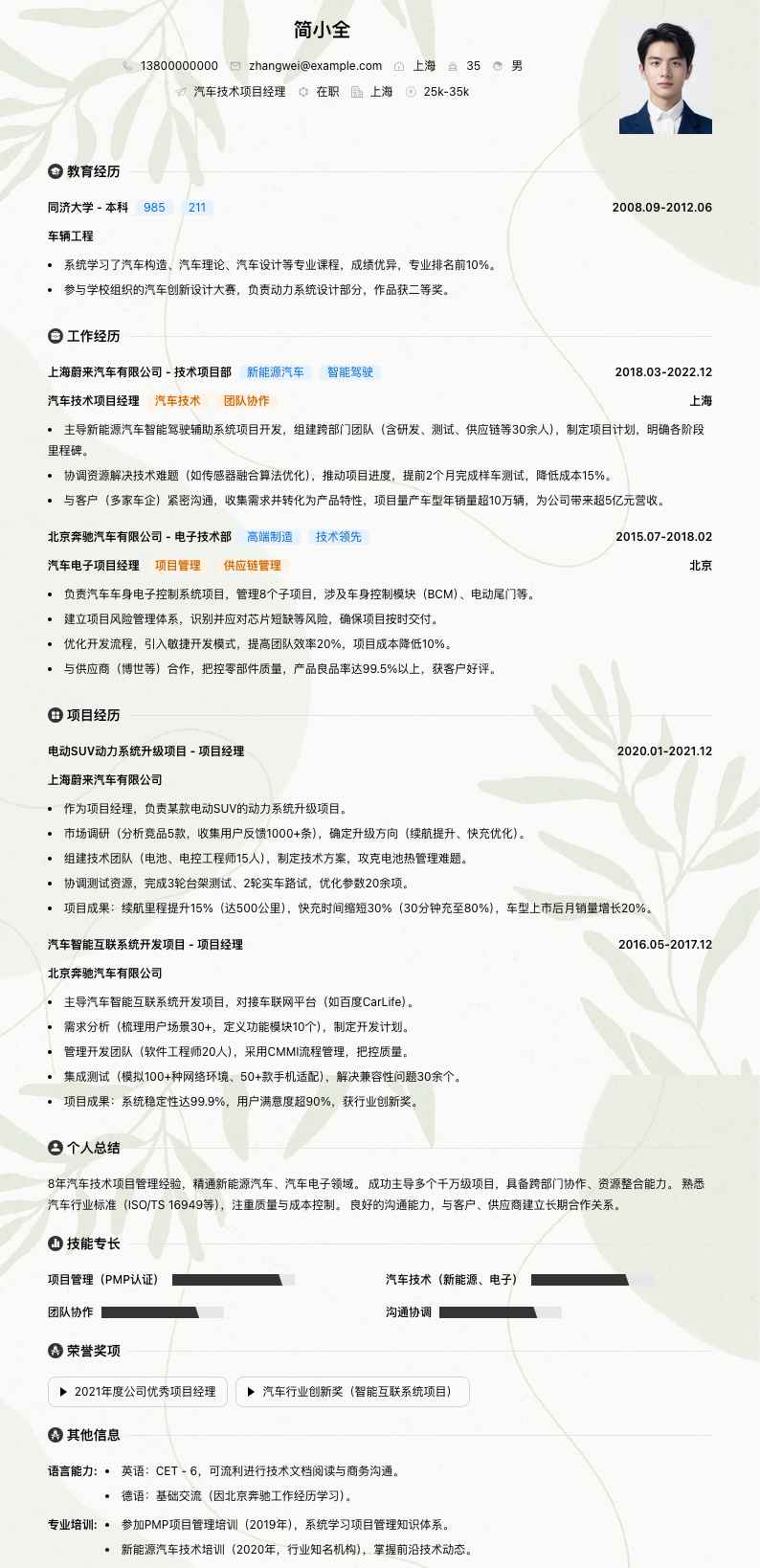 汽车技术项目经理简历模板