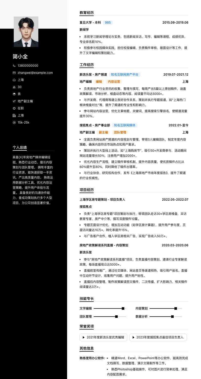 地产副主编简历模板