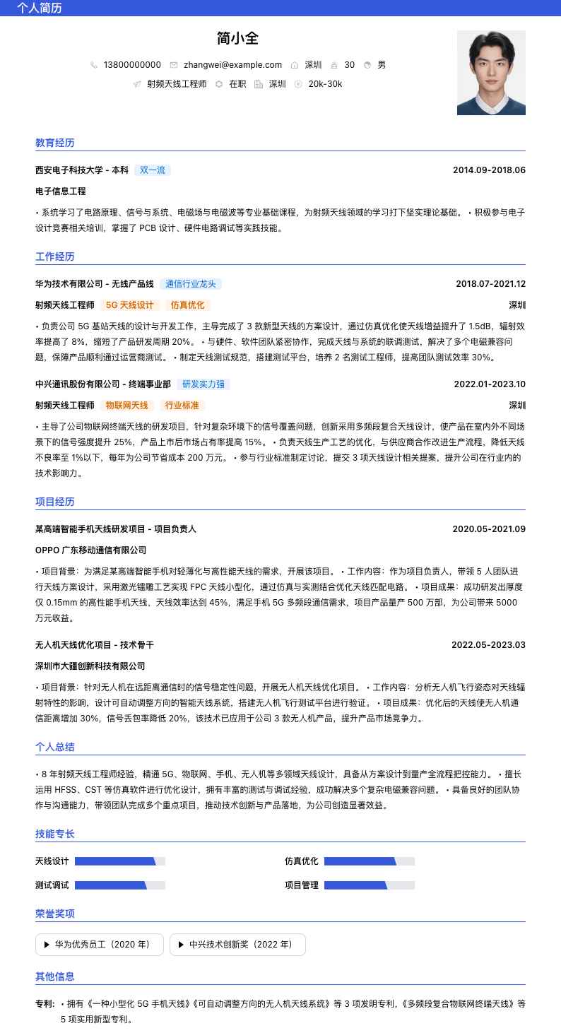 射频天线工程师简历模板