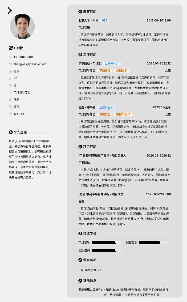 市场督导专员简历模板