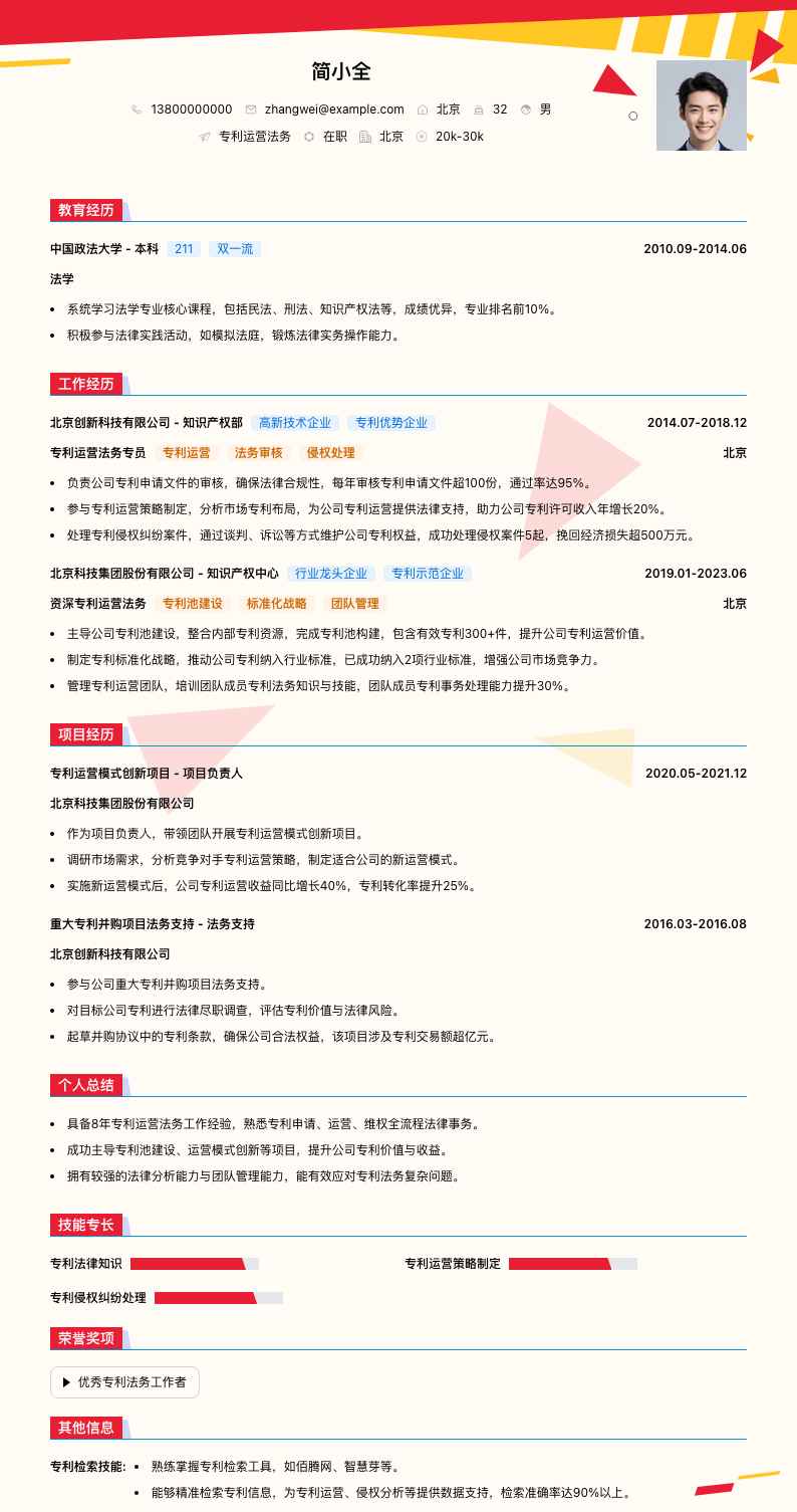 专利运营法务简历模板