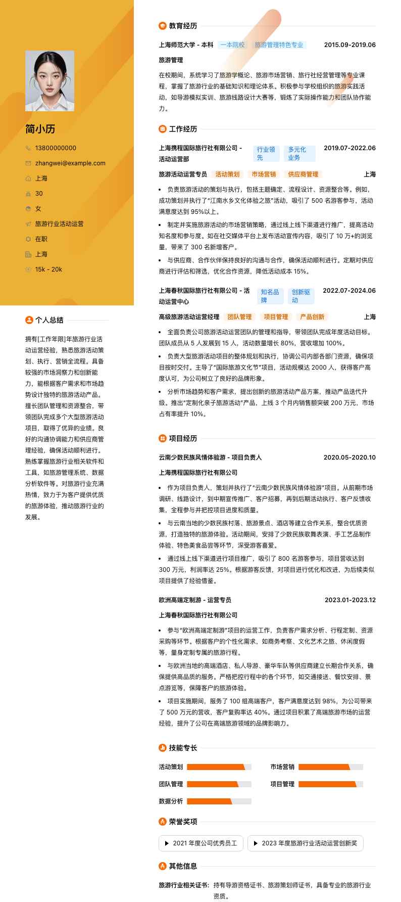旅游行业活动运营简历模板