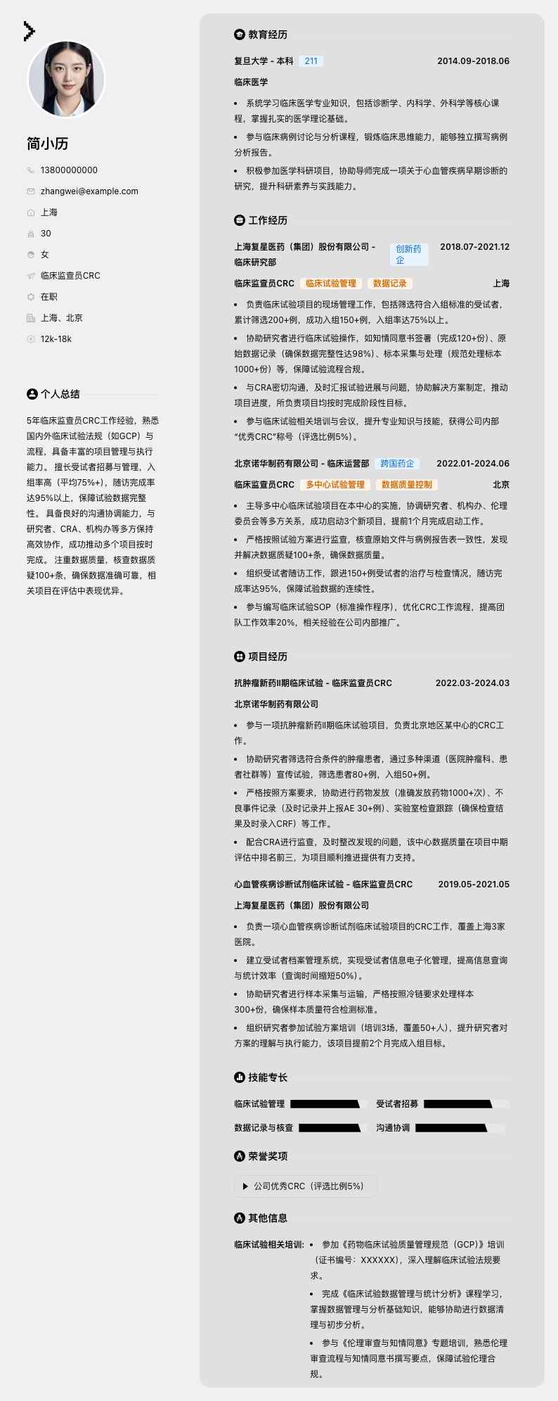 临床监查员crc简历模板