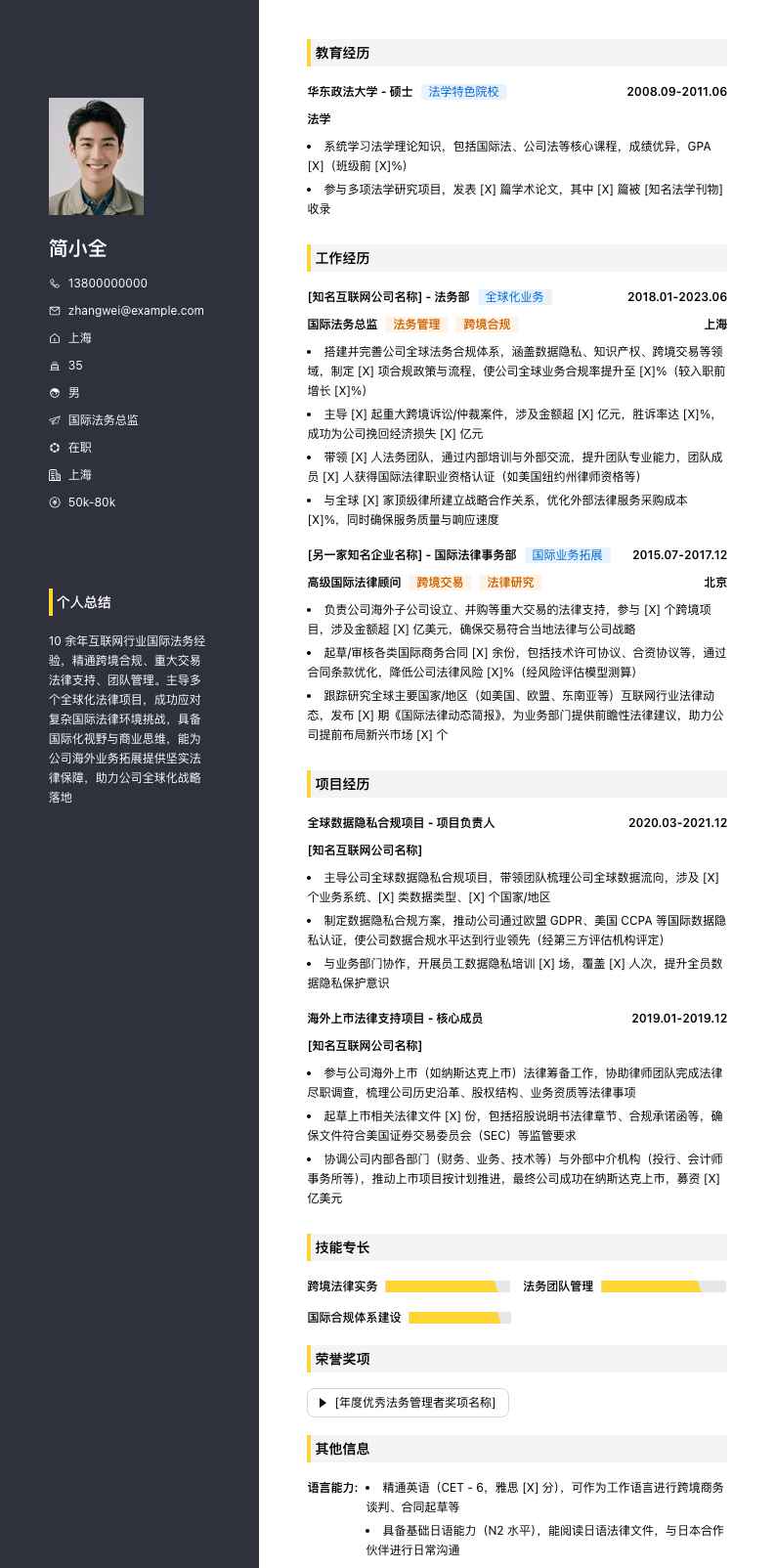 国际法务总监简历模板