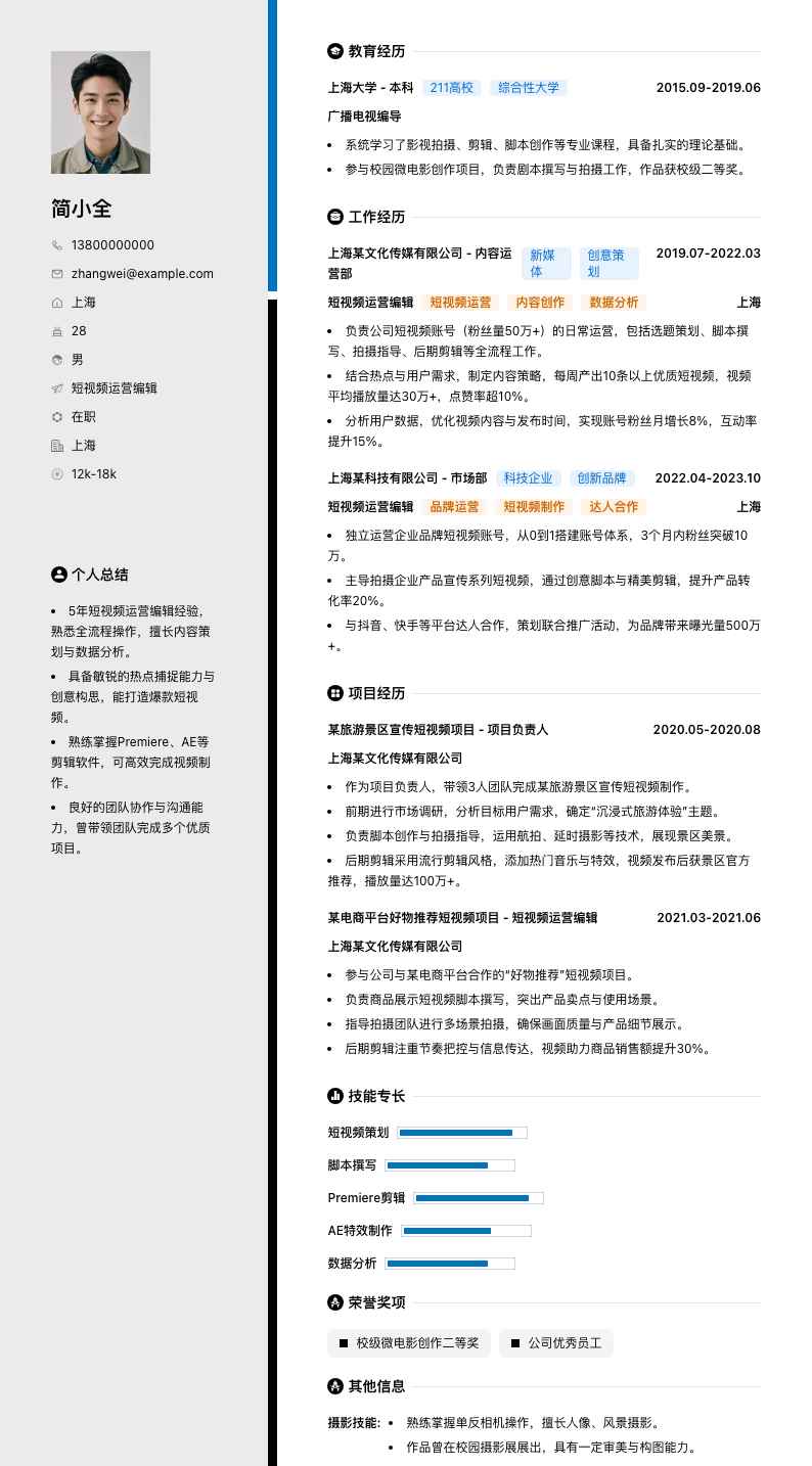 短视频运营编辑简历模板