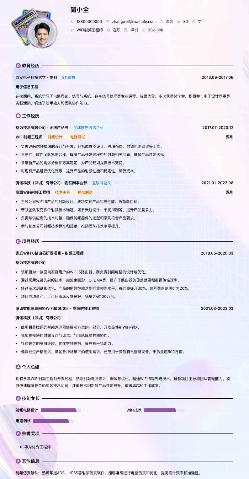 wifi射频工程师简历模板
