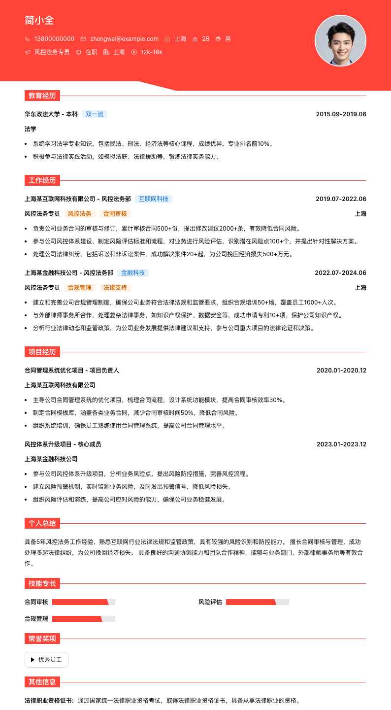 风控法务专员简历模板